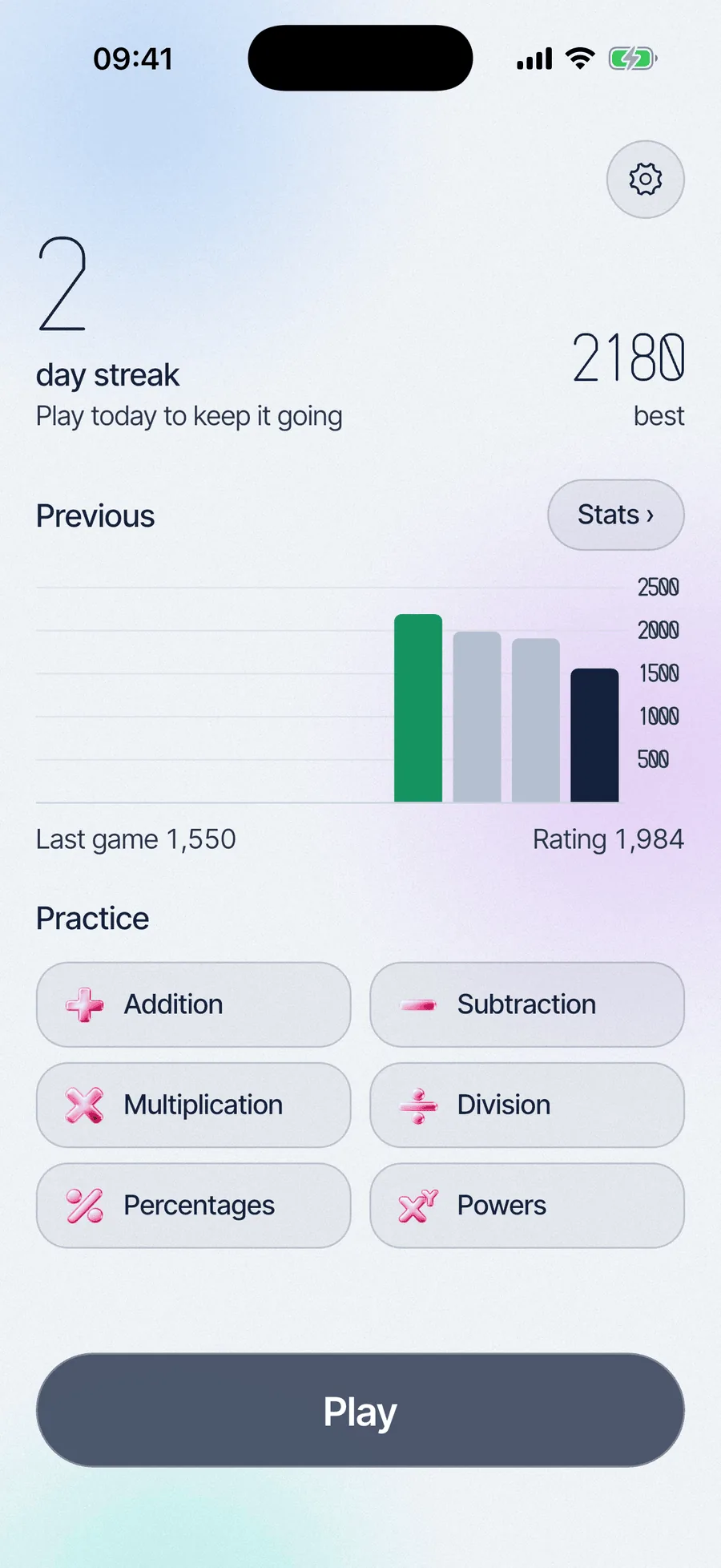 The 7 Minute Math home screen: a 2 day streak, a best of 2,180, recent games and practice by question type